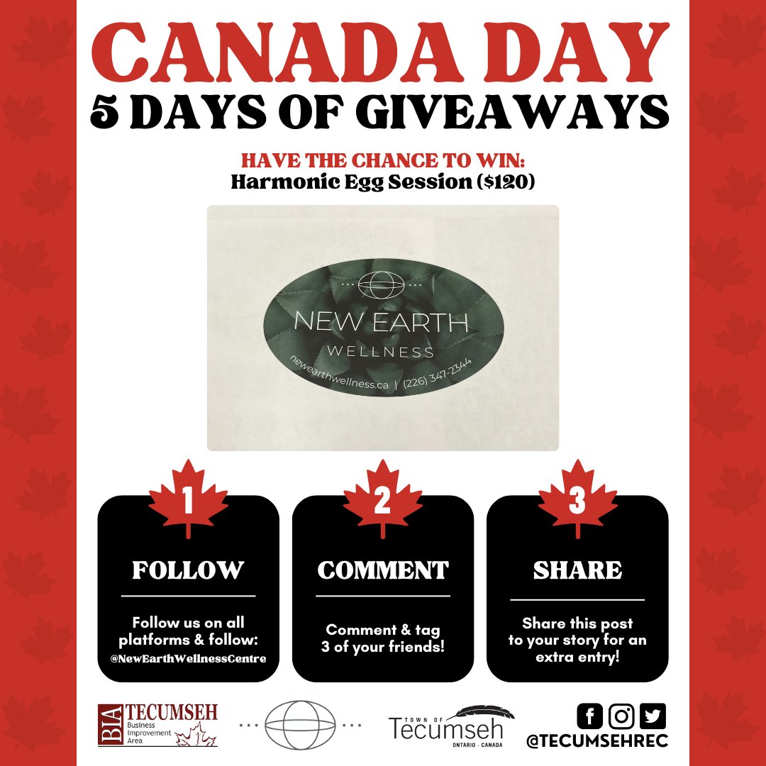 5 Days of Giveaways continues! Our second prize is a Harmonic Egg Session valued at $120!🍁⁠

To enter:⁠
👍 Like this post!⁠
✅ Follow <a href="/TecumsehRec/">Tecumseh Recreation Services</a> on all platforms &amp; New Earth Wellness on FB &amp; IG!⁠
💬 Comment &amp; tag 3 friends!⁠
📲 Share this post for an extra entry!⁠