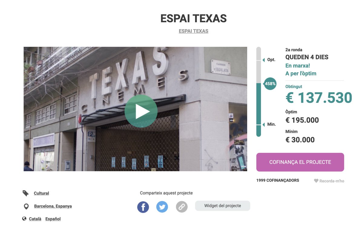 🤗Som 1999 donants al projecte <a href="/EspaiTexasBcn/">Espai Texas</a>!

😊També creus necessari un cinema-teatre on encabir tot l'art escènic que puguis imaginar amb el català com eix central impulsant artistes locals i universals?

😜Converteix-te ara mateix en la donant 2000 a goteo.cc/espaitexas!