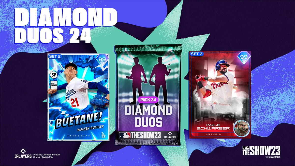MLBTheShow's tweet photo. 💎Diamond Duos 24 brings you 💎Kaiju Series Kyle Schwarber and 💎Incognito Series Buetane!

Available today in the Show Pack around noon PT:  https://t.co/8kx67ASbML 

#MLBTheShow https://t.co/OLnzNuHR20