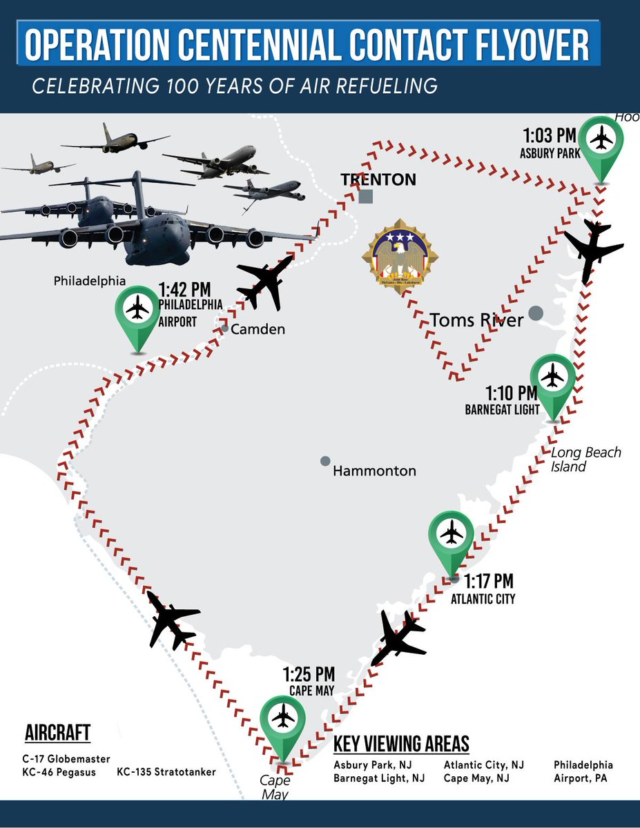 If you are in #AtlanticCity today and we hope you are 😄look to the skies for the 305th Air Mobility Wing flyover celebrating 100 years of air refueling! Look up around 2:17 pm for the first wave!!

Note: They are on a 60 minute delay from posted time below. #VisitAC #DoAC
