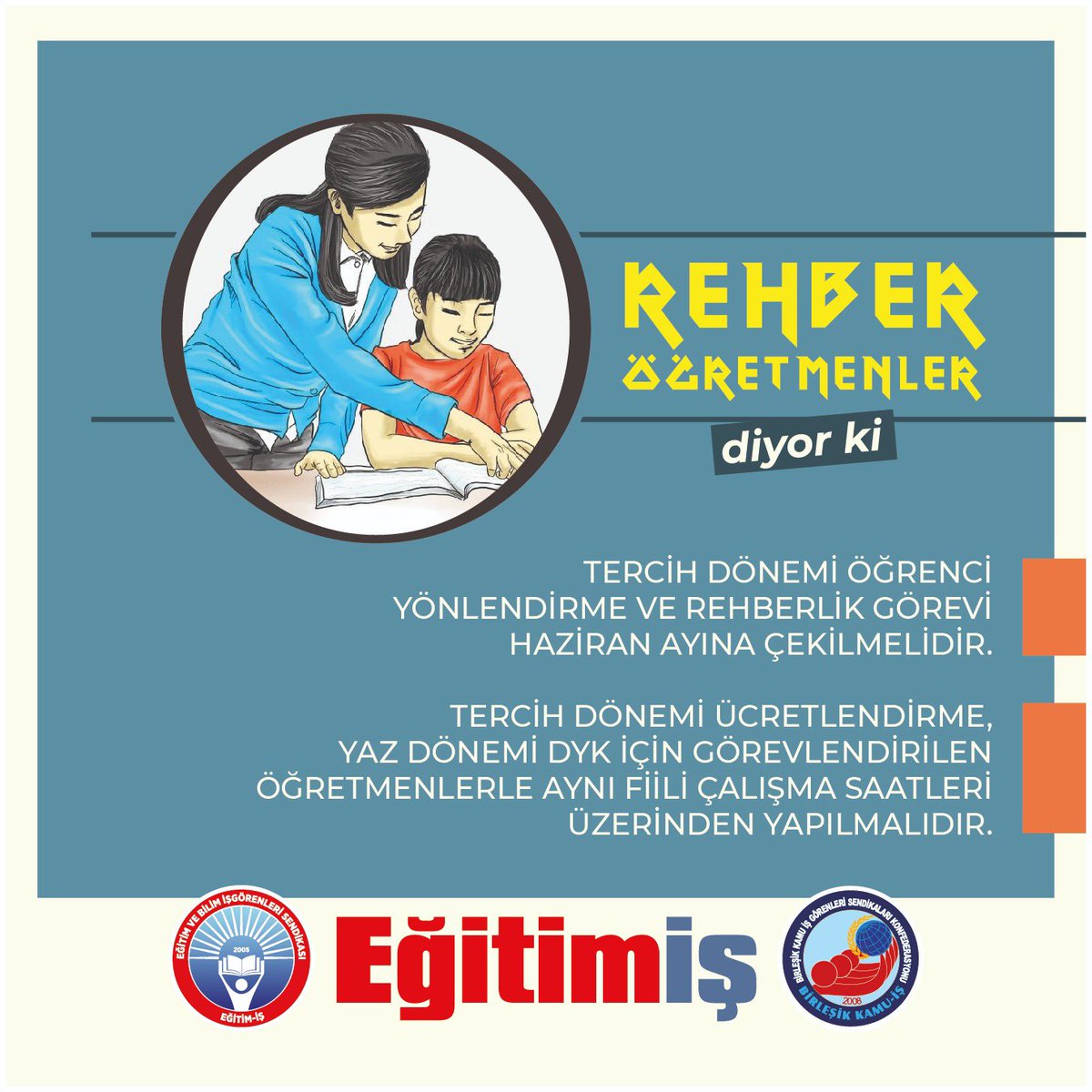 Rehber öğretmenlerin bu haklı taleplerinde yanlarındayız!Milli Eğitim Bakanlığını tüm eğitim emekçilerinin haklı taleplerini dikkate almaya ve sorumlu davranarak çözüm üretmeye davet ediyoruz! Taleplerin sonuna kadar takipçisi olacağız! <a href="/tcmeb/">Millî Eğitim Bakanlığı</a>