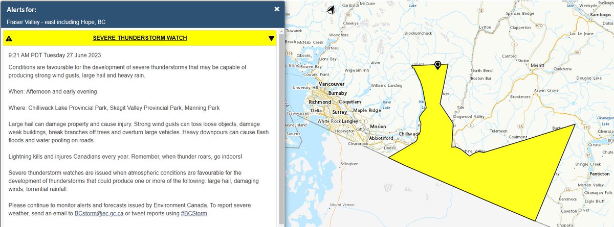 Heads up to those travelling the #BCHwy3 #HopePrincetonHwy thru #ManningPark/#AllisonPass & in E #FraserValley recreational areas of #ChilliwackLake PP & #SkagitValley PP:
#SevereThunderstormWatch as cells could reach severe limits today inclg gusts, big hail & hvy rain.
#BCstorm