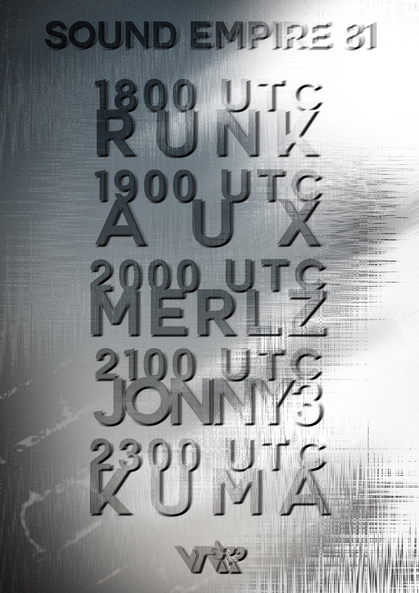 We're raising hell at Sound Empire this Friday with DJs: @therunky @AuxVRc @xkmerlz Jonny3 (celebrating his 2nd anniversary!) @KumaTheKami 30 JUN 🌐1800 UTC 🇬🇧1900 BST 🇪🇺2000 CEST 🇺🇸1400 EDT 🇺🇸1100 PDT 🇯🇵2700(0300)JST DISCORD.GG/VTVR Poster by @Krait_VR