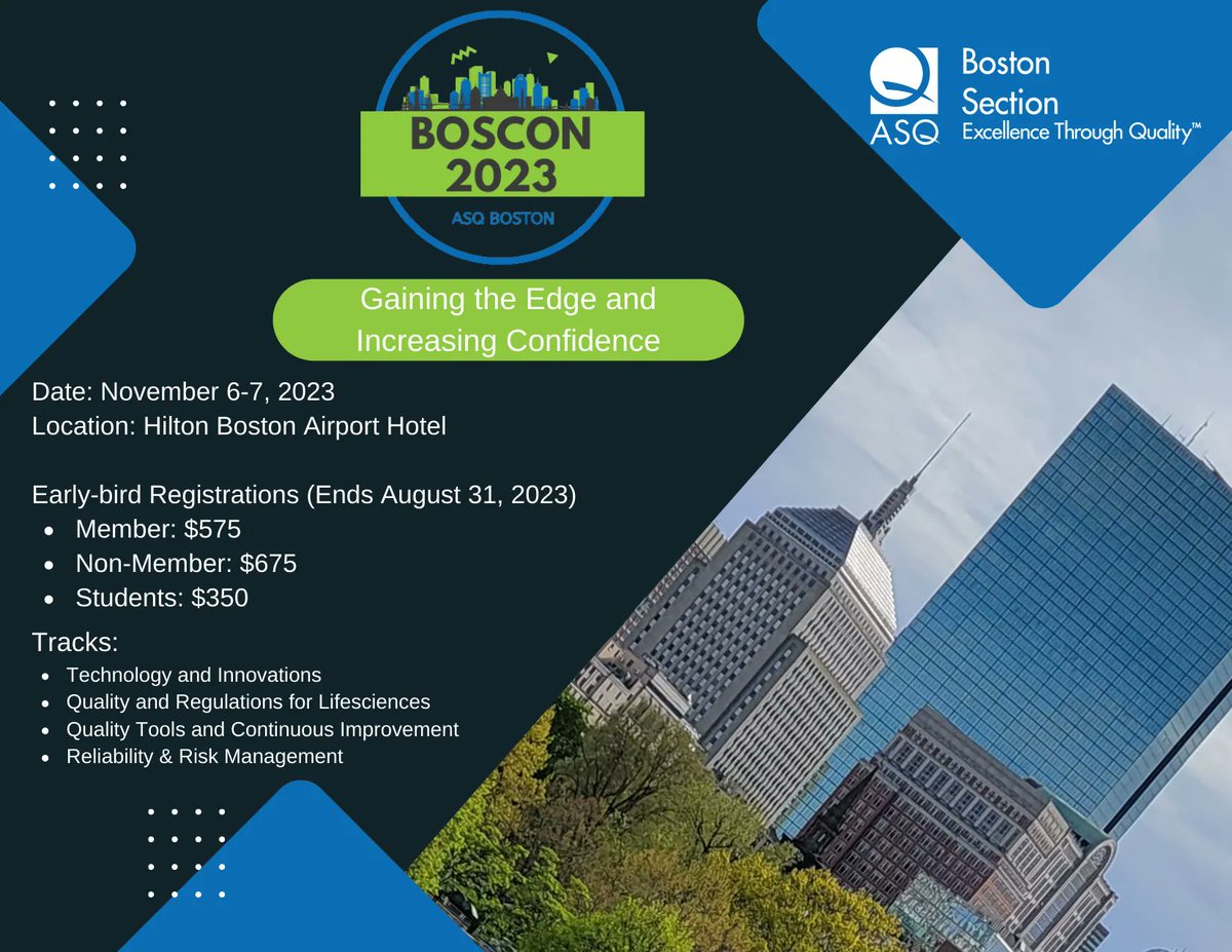 ASQBoston's tweet image. 📢Early-Bird Registration

We are excited to announce that registration for BOSCON 2023 is now open! BOSCON, the leading conference in quality, will take place from November 6-7, 2023 at the Hilton Boston Logan Airport Hotel.
For registration please visit buff.ly/432R1lh