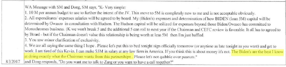 🚨BIDEN FAMILY COVER-UP🚨 In a WhatsApp exchange dated 8/3/2017, Hunter Biden tells CEFC associate Gongwen Dong, aka Kevin: 'The Biden's are the best I know at doing exactly what the Chairman wants from this [partnership].' CEFC is a CCP-linked Chinese Energy Company.