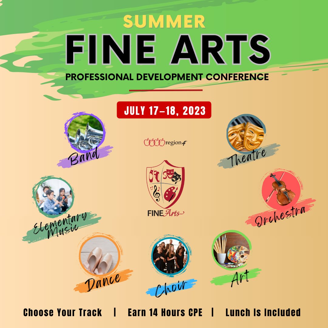 Region4ESC's tweet photo. Elevate your artistic journey! Join us July 17–18 for the Region 4 Fine Arts Conference in Deer Park, Texas. https://t.co/4pOuxFH1sw
Inspire and empower yourself as an educator while earning 14 hours CPE!
Choose your track:
- Art 🎨
- Band 🎵
- Choir 🎶
- Dance 🩰
- Elementary Music 🎼
- Orchestra 🎻
- Theatre 🎭
Experience:
- Inspiring sessions by top-notch instructors
- Interactive, hands-on activities
- Networking with fellow arts enthusiasts
- Complimentary lunch on both days
Don't miss this chance to enhance your skills and ignite your passion for fine arts teaching!
Register now at https://t.co/4pOuxFH1sw.
#K12 #FineArtsTeaching #IgniteYourCreativity