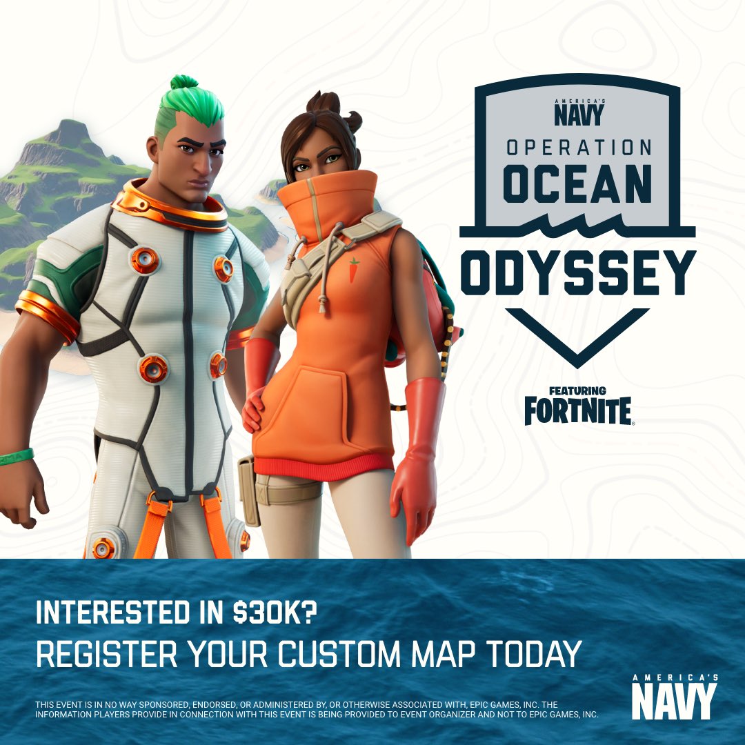 Calling all aspiring engineers and coders! Want to design your own Fortnite map? Then don't miss your chance to showcase your skills in Operation Ocean Odyssey. Take the plunge and let the games begin! #ad 

operationoceanodyssey.com

#OperationOceanOdyssey x @americasnavy