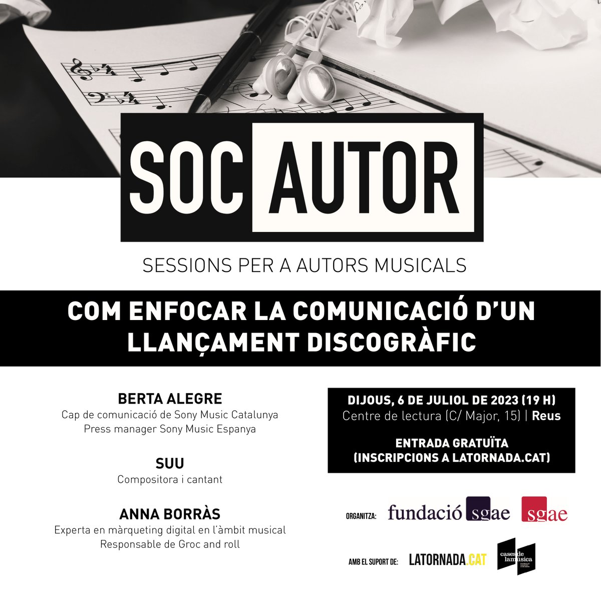 🆕 Nova sessió 'Soc Autor' organitzada amb <a href="/sgae_cat/">SGAE Catalunya</a> i @casesdelamusica

Com enfocar la comunicació d'un llançament discogràfic
🎙️ <a href="/b_tuk_i/">Berta Alegre</a>, press manager de <a href="/SonyMusicSpain/">Sony Music Spain</a>
🎙️ <a href="/suu_musica/">Suu</a>, compositora i cantant
🎙️ Anna Borràs, responsable de <a href="/UlitaTnt/">Groc and Roll</a>

👉 latornada.cat/ca/com-enfocar…