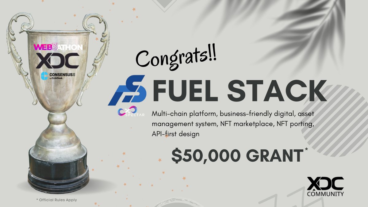 🎉Congratulations to FuelStack and @Cadeyuk for winning the @Web3athon_xyz #XDCNetwork $50,000 Hackathon Grant!

➡️FuelStack is a blockchain agnostic e-commerce and NFT platform, opening the blockchain door to business and their customers with an API-first design.

🤝Let's…