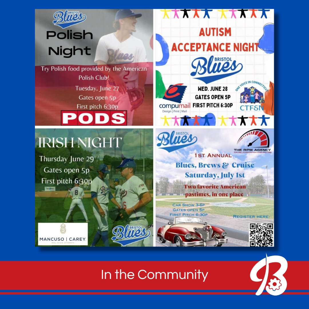 Enjoy a Bristol Blues baseball game this week - with a different themed night each day, it's a great night out with the whole family! Tickets are only $6. Gates open at 5pm, first pitch at 6:30pm. On Sundays, gates open 3:30pm, first pitch at 5pm. GO BLUES! ⚾