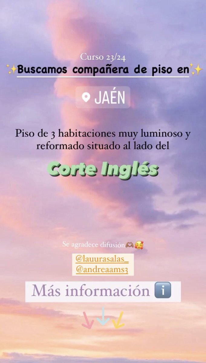 lauurasalas_'s tweet photo. ‼️Buscamos una compañera de piso en Jaén para el curso 23/24. Somos 2 chicas responsables, majas y ordenadas. Si queréis más información os hablo al dm🥰🥰🫶🏽
#uja #Jaen #pisosuja #cotilleosuja https://t.co/9GysMPzHTu