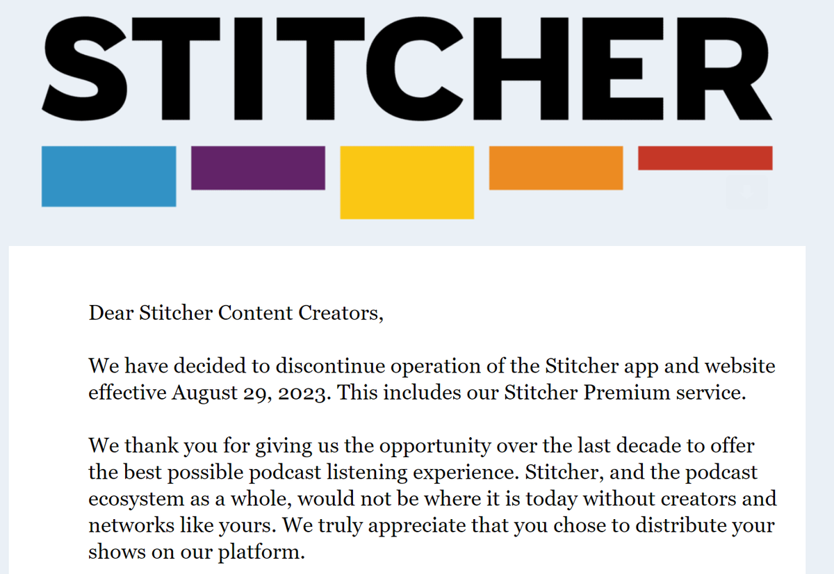AustinOtaku's tweet photo. If you're a podcaster or if you have enjoyed any of the Austin Otaku Podcast with @jesseseogeek and @keithgoode on the @Stitcher app or website, please note that they will discontinue their service effective 29 August 2023. You had a good run, Stitcher. Thanks for your work! https://t.co/tJNdowc207