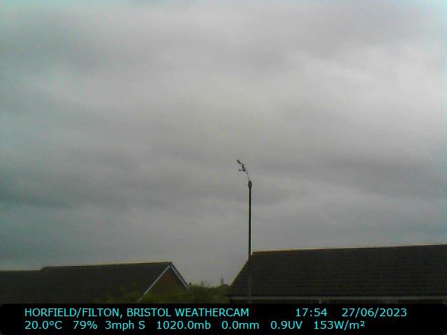#bristol #weather 17:55 27/6/2023, mainly cloudy/dry/warm, T:20.0C, W:8mph(S), B:1020.0mb(Steady), H:79pct, R:0.0mm