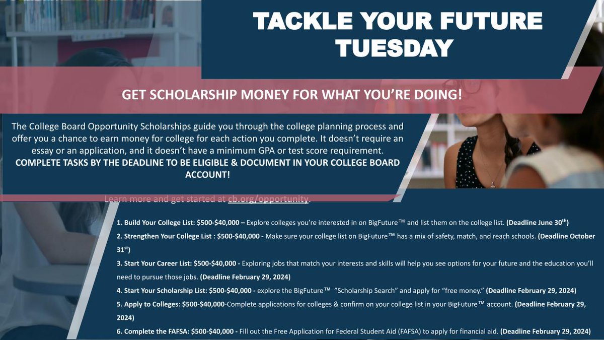 #ClassOf2024 seniors, Tackle Your Future Tuesday is on! Learn about the opportunities available to you through the College Board BigFuture Scholarships at: bigfuture.collegeboard.org/pay-for-colleg…. Questions? Contact the school counselor or the guidance and counseling office at 682-867-7534.