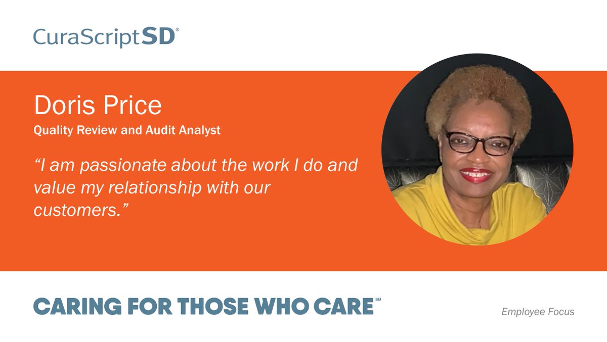 CuraScriptSD's tweet photo. Doris works with customers and team members to ensure the front-end returns are processed and returned promptly. Find out more about how Doris works to provide the best support possible for your practice: https://t.co/jQavMyONYV #MeetTheTeam #CuraScriptSD #CaringForThoseWhoCare https://t.co/9ZYMRma8z2