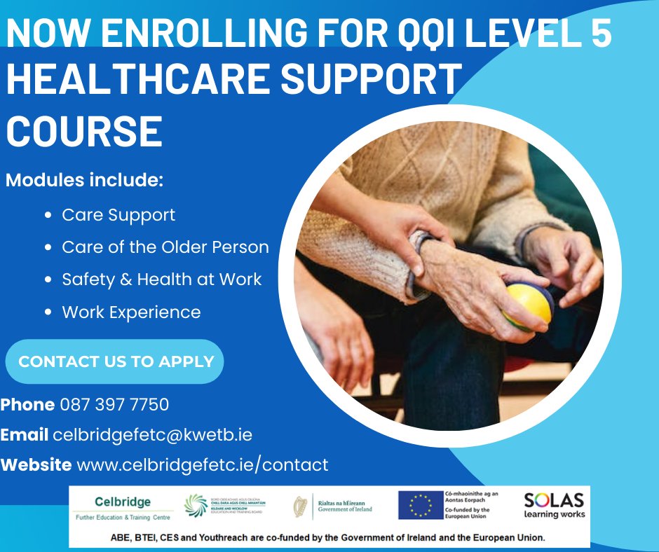 Celbridge FETC enrolling for Autumn courses in Healthcare Support. Subjects include Care Support/ Skills, Care of Older Person. 
Email celbridgefetc@kwetb.ie or visit celbridgefetc.ie
@KWETB @SOLASFET @FETRC_DCU @FETColleges_IE @KWETBAliss @Thisisfet