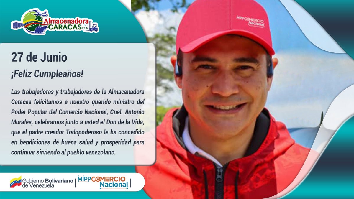 #Hoy | En este día extendemos nuestras más sinceras felicitaciones al Coronel Antonio Morales Rodríguez, ministro de Comercio Nacional, hombre comprometido con la construcción de la #PatriaProductiva.

¡Feliz cumpleaños ministro!🎉

#76AñosAlmaCaracas 
#IntegraciónTecnológica