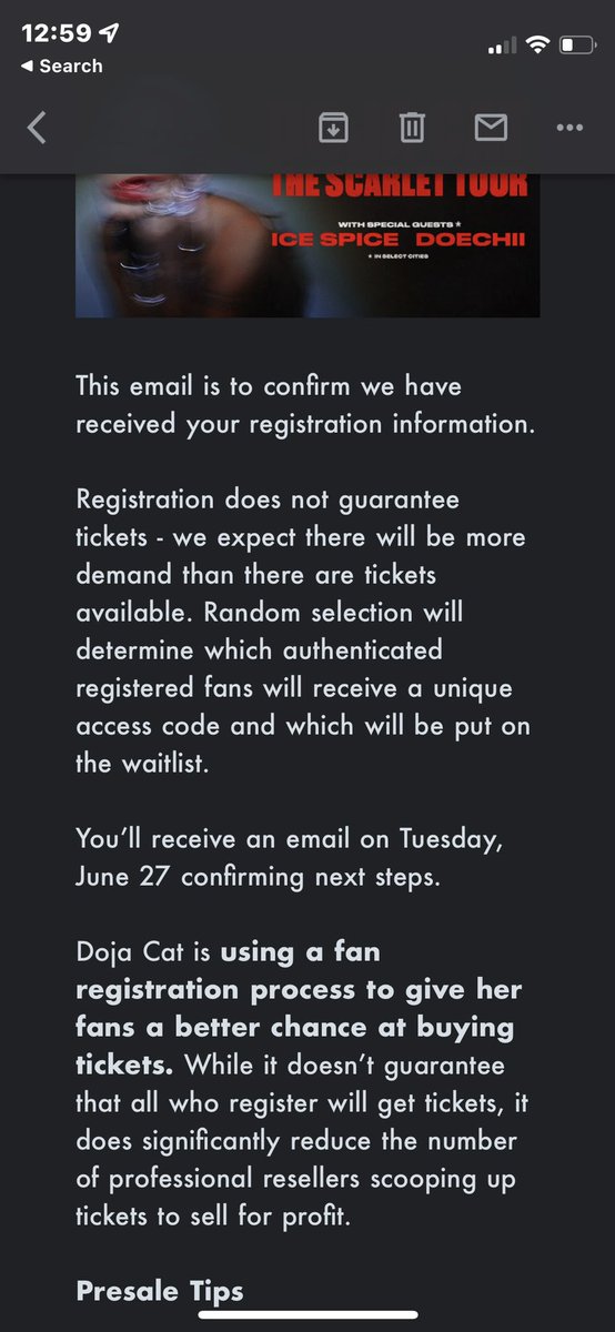 ShellNeverB_Me's tweet photo. @Ticketmaster @DojaCat I haven’t got an email about her presale ticket it says today?? Will we get a code today or tomorrow?? https://t.co/uDARmnkpqf