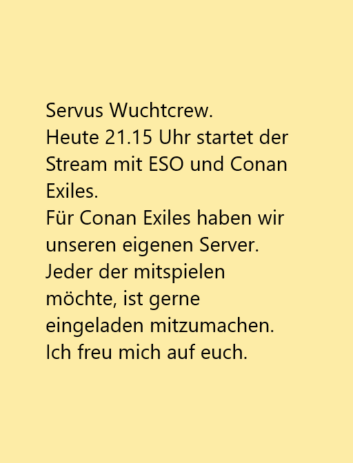 wuchtdrescher's tweet photo. Servus Wuchtcrew. Stream heute 21. 15 Uhr live bei Twitch, siehe Bild. #twitchtv #twitchstreamer #TwitchAffliate #JustChatting #smallstreamers #twitch #gportalede #funcom #ConanExiles #esostreamteam https://t.co/q9jgxatHHZ