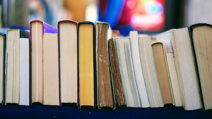 Photo of a collection of books sitting on a shelf.