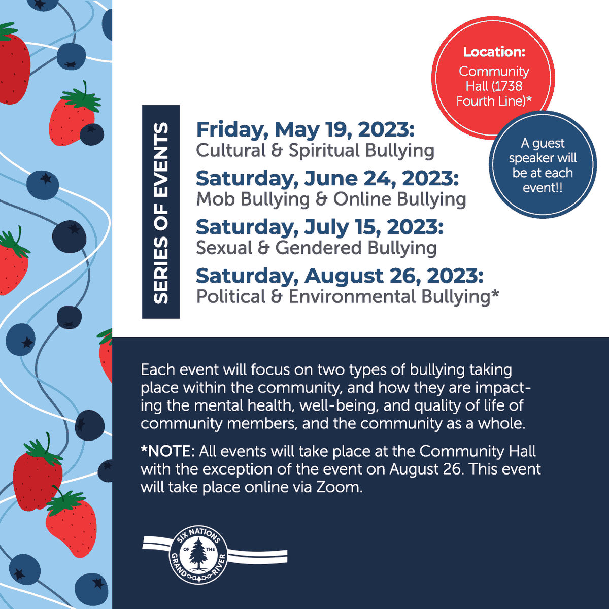 SixNationsGR's tweet photo. SNGR's Anti-Bullying Task Force is hosting a Community Education Series! Events occur monthly throughout the summer and focus on two types of bullying impacting our community. All are welcome! 💙❤️

#SNGR #ABTF #AntiBullying #CommunityEducationSeries #Summer #Events #Learn https://t.co/09YC79Honv