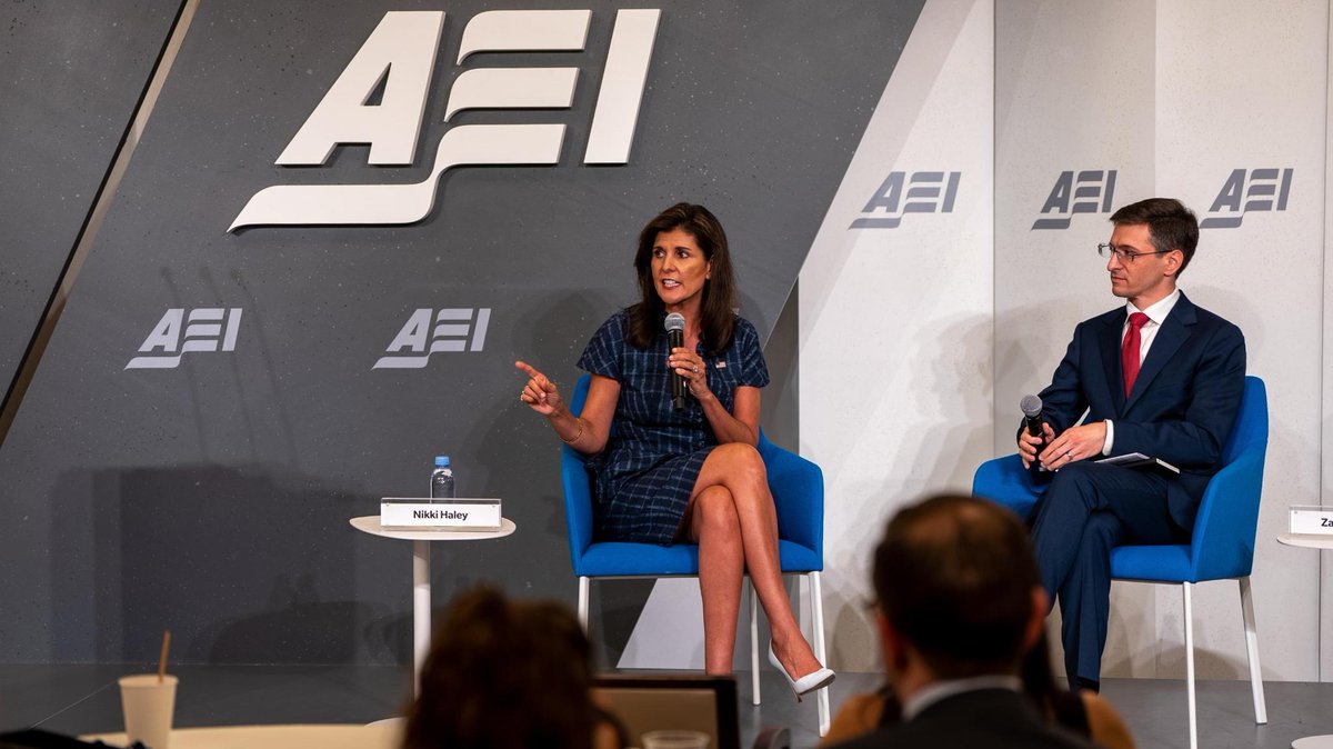 Nikki Haley (@nikkihaley) on Twitter photo We must be bold and clear-eyed about the fact that Communist China is our greatest economic and military threat.
We must overhaul our policy towards Beijing and root out all CCP influence in America.
Thank you <a href="/AEI/">American Enterprise Institute</a> for hosting us! We must be bold and clear-eyed about the fact that Communist China is our greatest economic and military threat.
We must overhaul our policy towards Beijing and root out all CCP influence in America.
Thank you <a href="/AEI/">American Enterprise Institute</a> for hosting us!