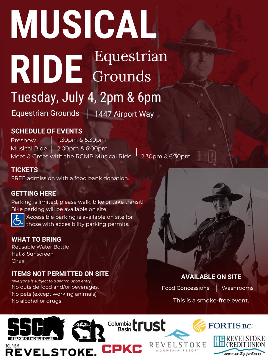 Great news #Revelstoke, the City is generously offering free admission to the world famous #RCMP #MusicalRide! You won’t want to miss it, so get ready to join us on July 4th, the last stop on our #BC tour. revelstoke.ca/DocumentCenter…