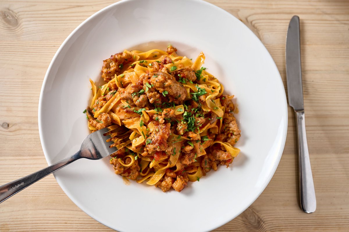 Behold our Tagliatelle salsiccia e funghi. 

This dish comprises fresh tagliatelle, Italian fennel sausage, wild mushrooms and tomato with aged parmesan. Delizioso 👌