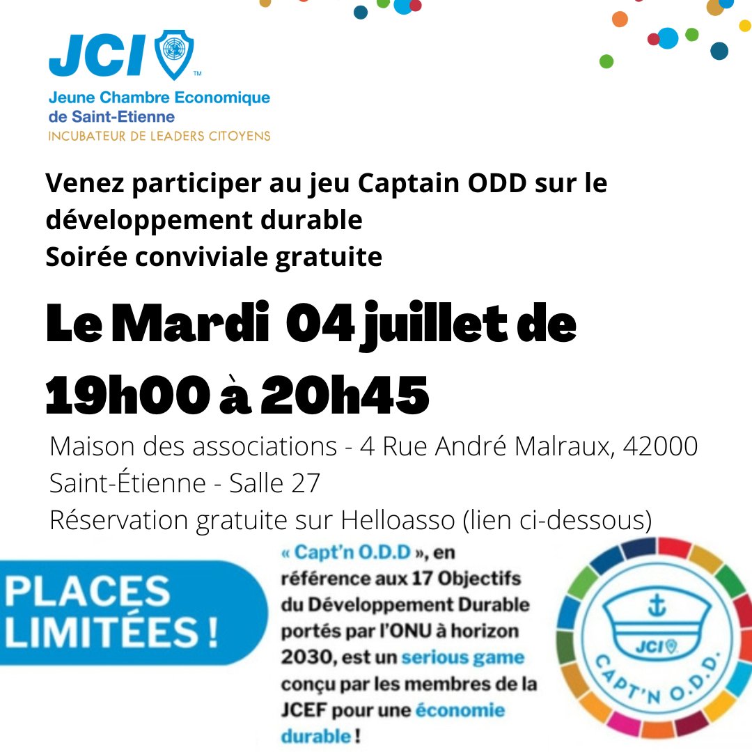 Cher Réseau,
RDV ce mardi 04 juillet pour découvrir l'univers du développement durable de façon ludique avec un jeu créée par la Jeune Chambre Economique Française ! 🌎
Lieu : Maison des associations de Saint-Etienne 
Inscription gratuite : urlz.fr/muQx