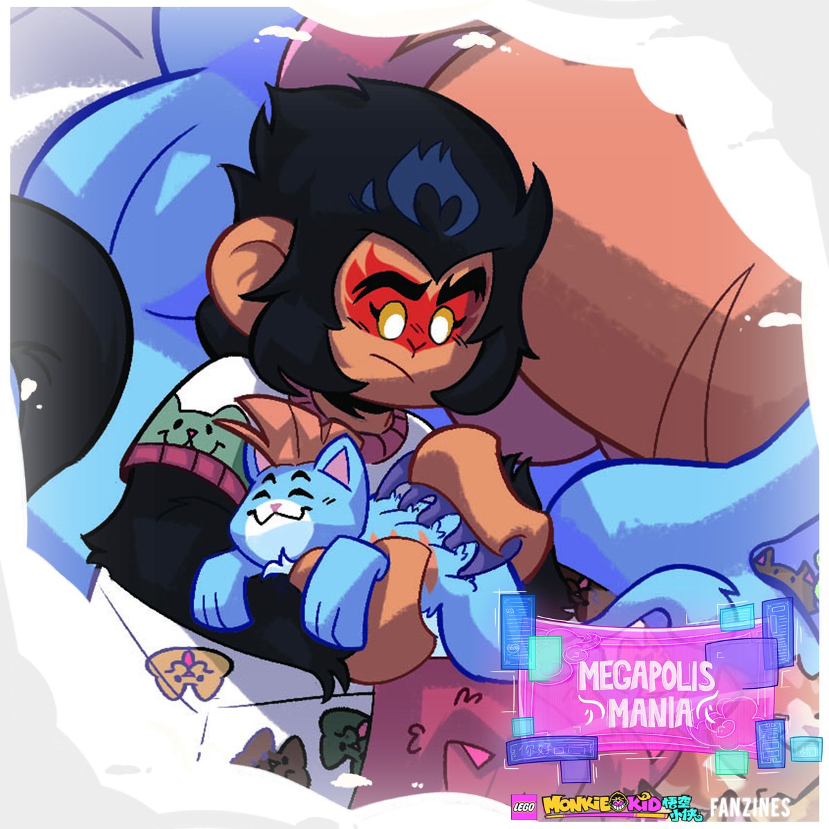 An amazing honor &amp; fun being in the <a href="/LMKFanzine/">Megapolis Mania 🎆</a> !! Here's previews of some merch I did <333
⛱️🔆🐱💜💙Come bask in the sun with Mei, then visit Macaque &amp; Sandy later with the kitties
once PRE-ORDERS open on JULY 1ST!!!✨See Y'all! #LegoMonkieKid #fanzine