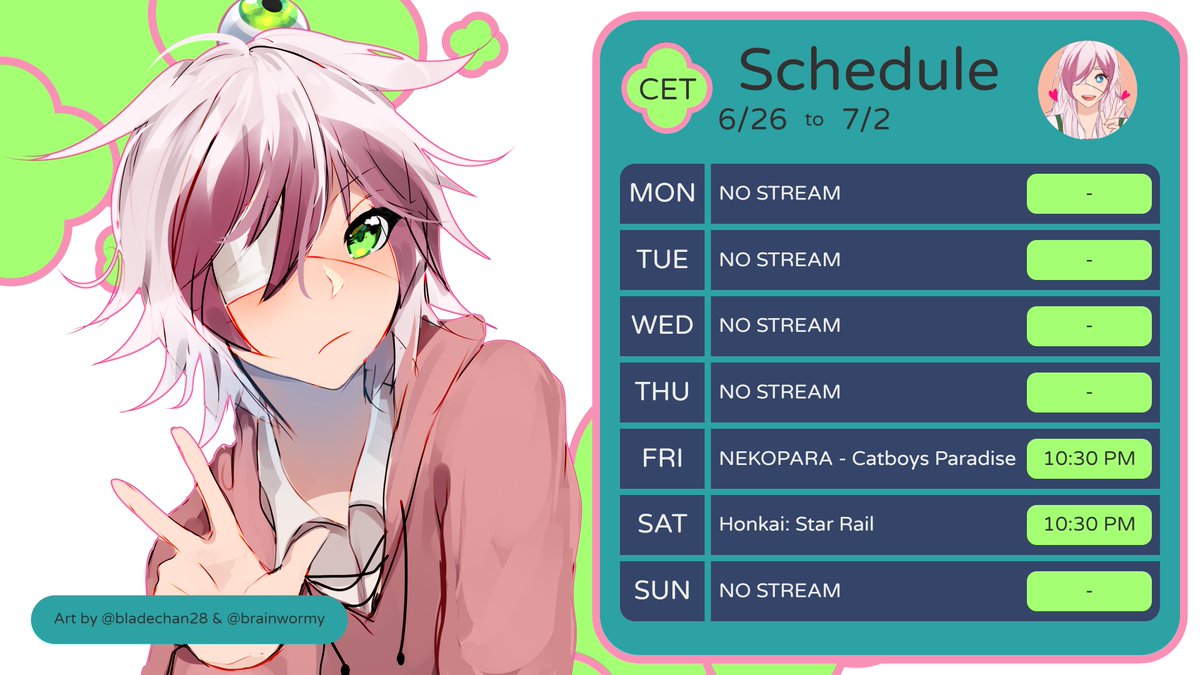 Hola! Here's this week's stream schedule! All times are in CET, hope to see ya then! On Friday we're playing NEKOPARA - Catboys Paradise and on Saturday we have more #honkaistarrail  (click the links in this thread to see the times converted to your own)