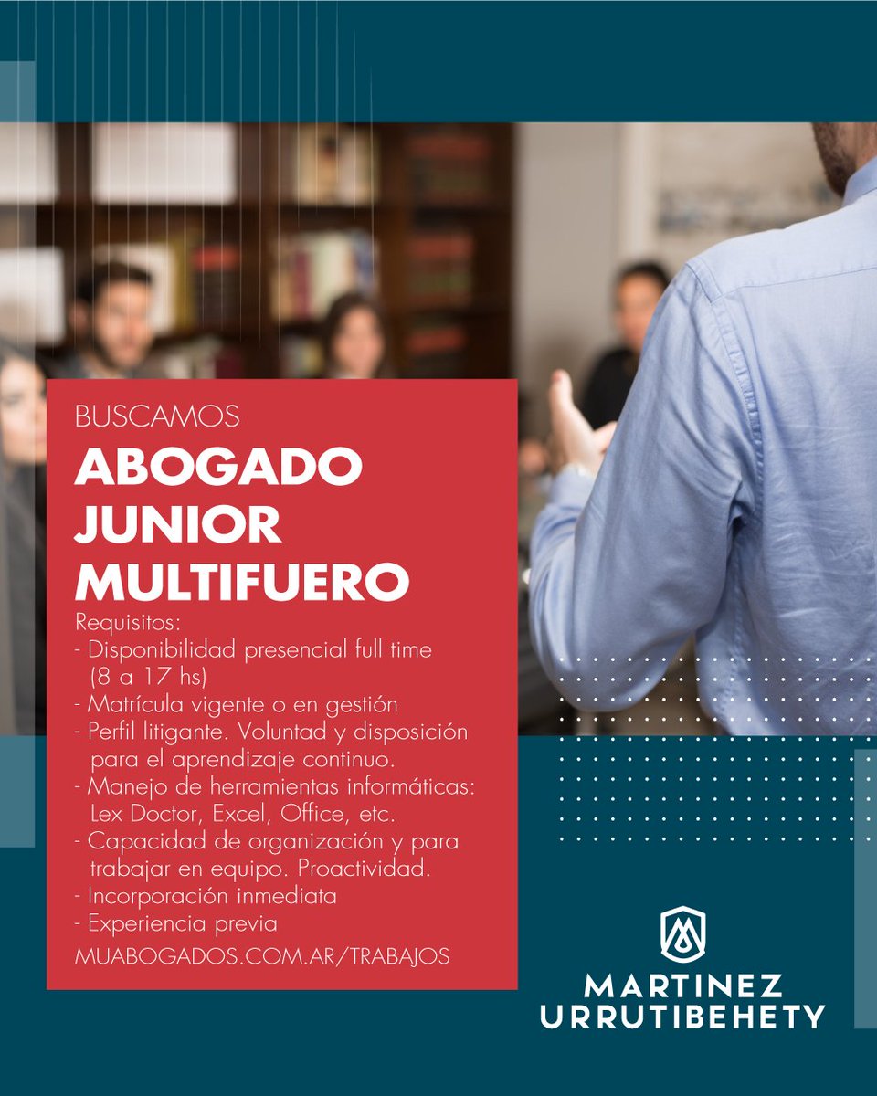 MUabogados's tweet photo. Buscamos ABOGADO JUNIOR MULTIFUERO.
Más información y presentación de CV en https://t.co/F4QN3A3WkA

#Abogado #Junior #Abogacia #ServicioJuridico #ART #MUAbogados #MartinezUrrutibehety #Abogados #Consejeros https://t.co/epRGLEAars