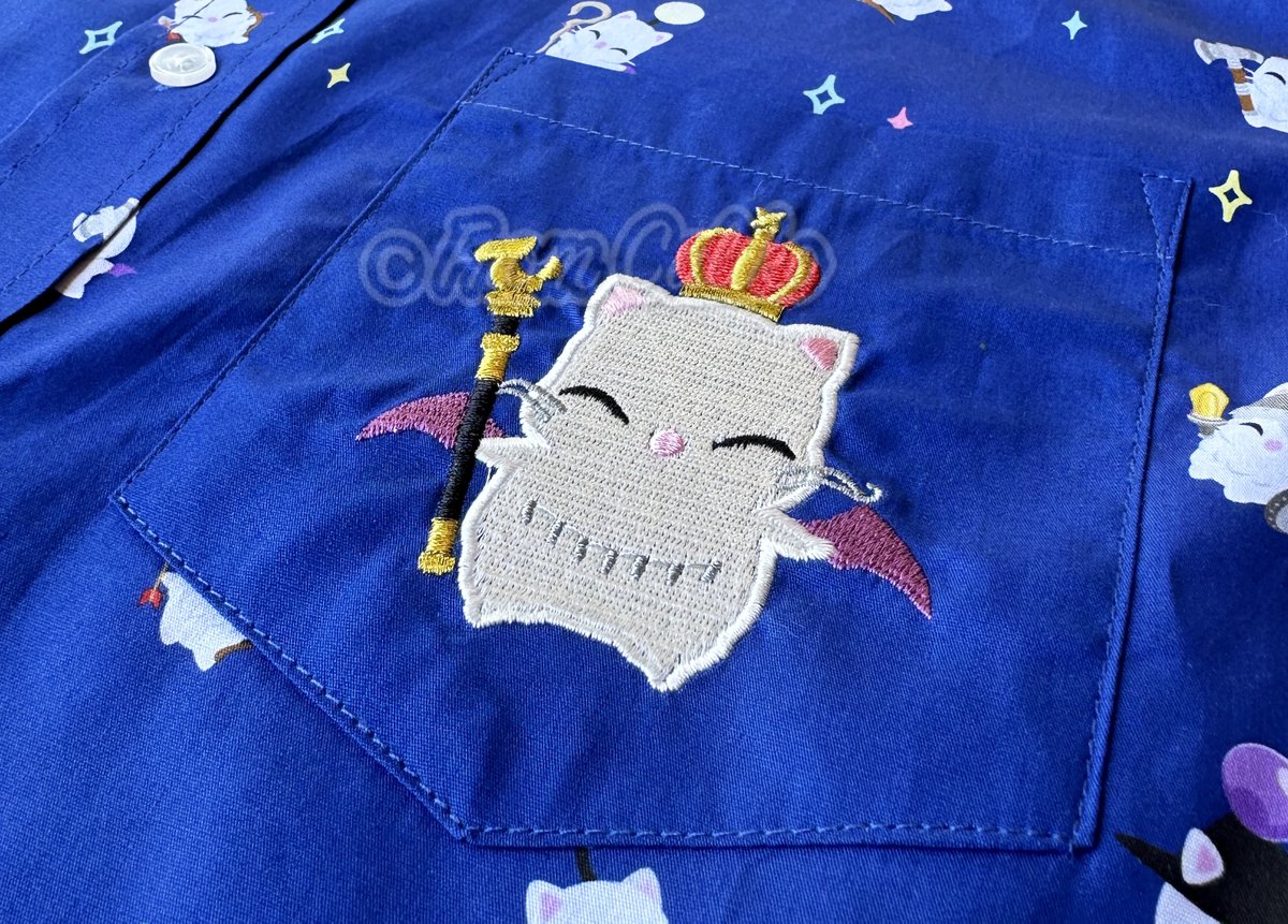FromCaliko's tweet photo. My new button up shirt debuting at AX this year is Good King Moggle Mog XII and his moogle guard!!! King Moggle Mog is embroidered on the pocket.  #AX2023ArtistAlley #AXartistalley2023 #AnimeExpo2023 https://t.co/Ms1v608pyt