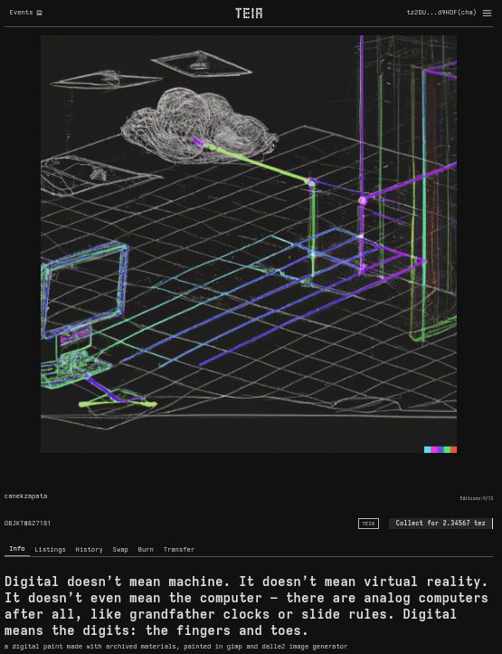 twt_cha_'s tweet image. ...Digital means the digits: the fingers and toes. by @canekzapata on @TeiaCommunity and @tezos :)

teia.art/objkt/827181

#delightfulencounters #digital #gifart #aiart #dalle #communication #gimp #alexanderrgalloway #iridescentcommunication #computerdrawingothercomputer #nft