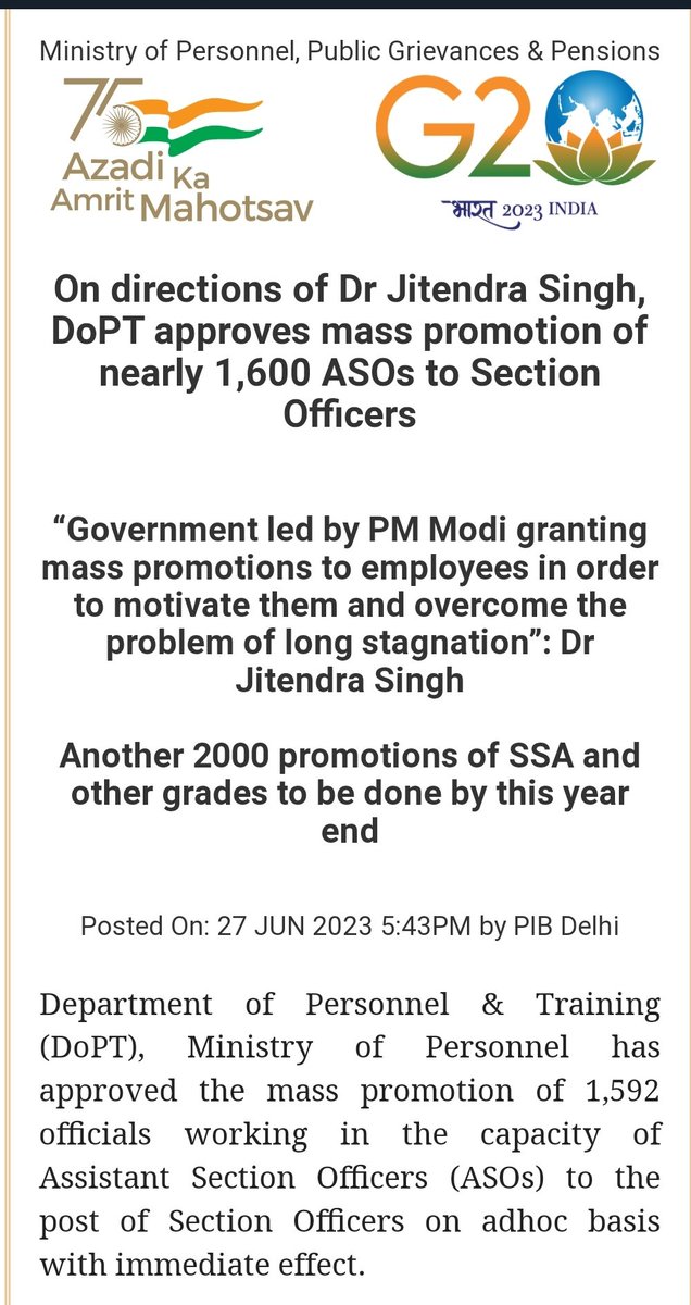 musebemuse11's tweet photo. Under the guidance of Hon'ble PM @NarendraModi and on the directions of Hon'ble Minister @DrJitendraSingh, @Dopt_GoI has approved the much awaited promotion of nearly 1600 ASOs to Section Officers. 

https://t.co/tw5HE50y3X

#Thank_u_DoPT 
@PMOIndia  
@DoptSecretary
@CSSforum_ https://t.co/cP2BSa9UDr