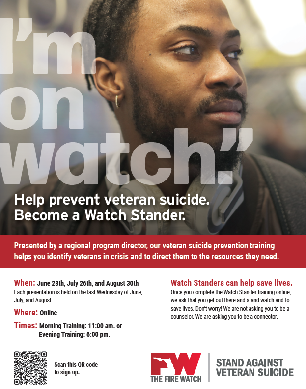 REMINDER: Tomorrow's virtual Watch Stander training has two sessions (11AM &amp; 6PM) that teach you about identifying #veterans in crisis &amp; directing them to the resources they need.

Register here: eventbrite.com/e/virtual-watc…

#YourTurnToStand #VeteranSuicide #VeteranSuicideAwareness