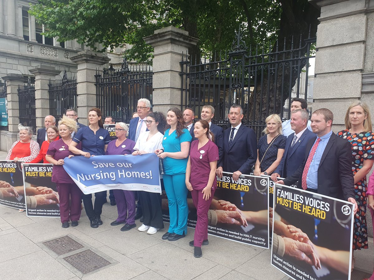 NursingHomesIre's tweet photo. Thanks to nursing home representatives who've turned out to support Save Our Nursing Homes demonstration ahead of @davidcullinane @sinnfeinireland motion calling on Government intervention to stem closures &amp; place private &amp; voluntary nursing home sector on a sustainable footing https://t.co/79pXQZeFh2