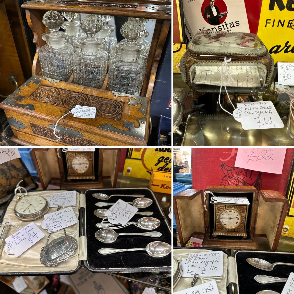astraantiques's tweet photo. Unit 131 never fails to disappoint with quality items,here’s just a few. #tantalus #frenchcasket #silver #silverspoons #antiquepocketwatch #artdeco #travelclock #antiques #astraantiquescentre #hemswell #lincolnshire https://t.co/qV3UGKPWC8