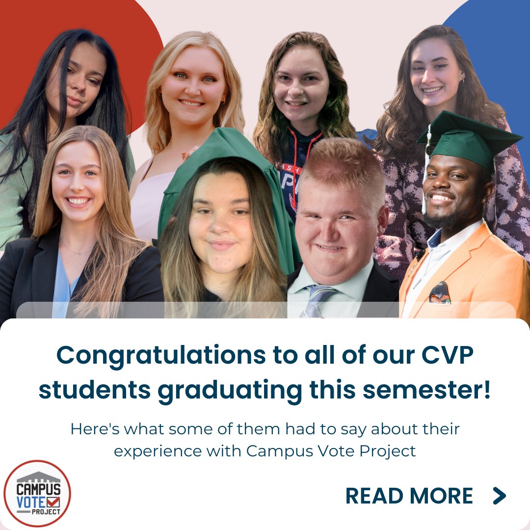 CampusVote's tweet photo. Congratulations to all of the amazing students that graduated in the Class of 2023! Our Democracy Fellows, Interns, and Student Advisory Members took time to reflect on their time with CVP.
Read more from these recent grads: https://t.co/pujofhyB7Z
#campusvoteproject https://t.co/bVSdpOxEVx