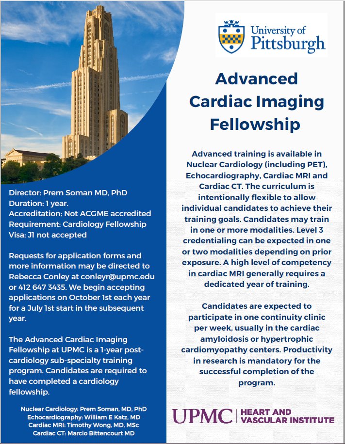 @HviUpmc @PittCardiology have one position for a 1 year advanced cardiac imaging starting July 2024. This is a flexible position where the fellow can choose the modalities he would like to work at including working with @TimWong_MD @premsoman123 @jelevenson and many others.