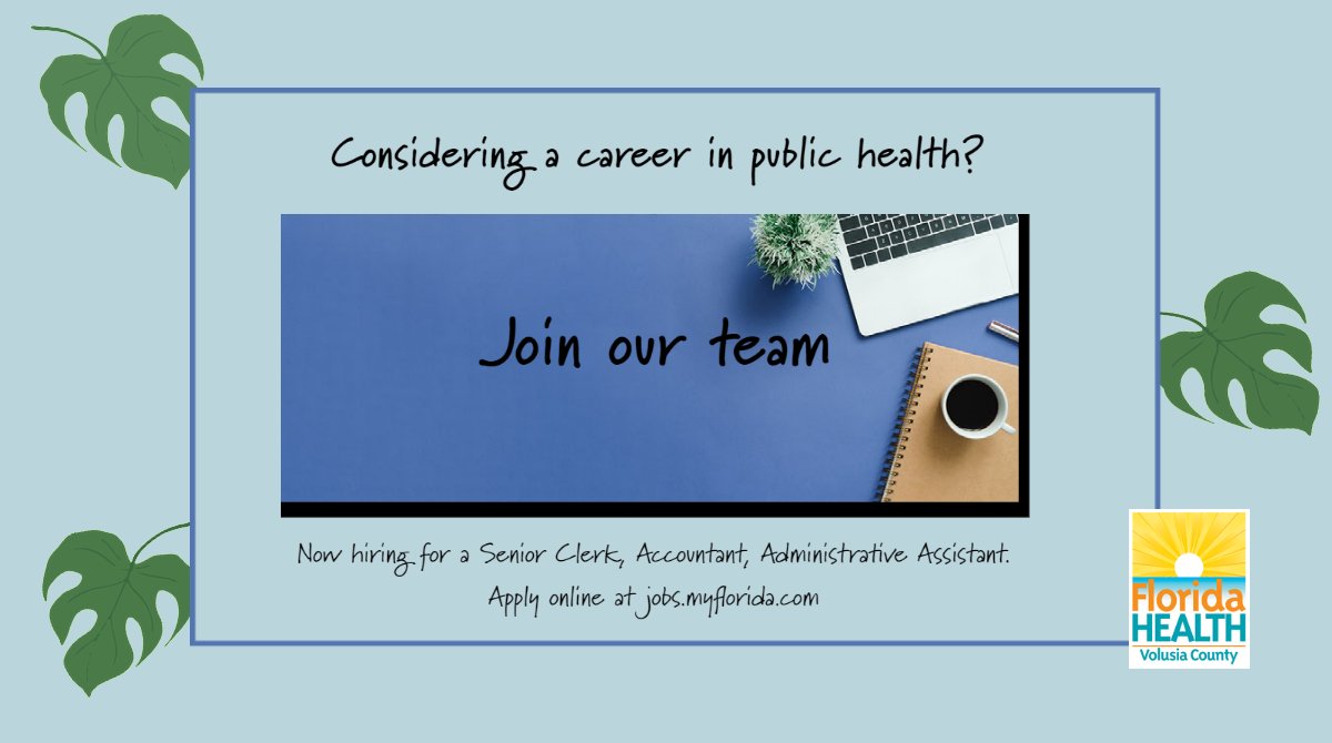 @HealthyVolusia is hiring! 
#SeniorClerk
#Accountant
#AdministrativeAssistant
Join our team! Apply online at jobs.myflorida.com #publichealth