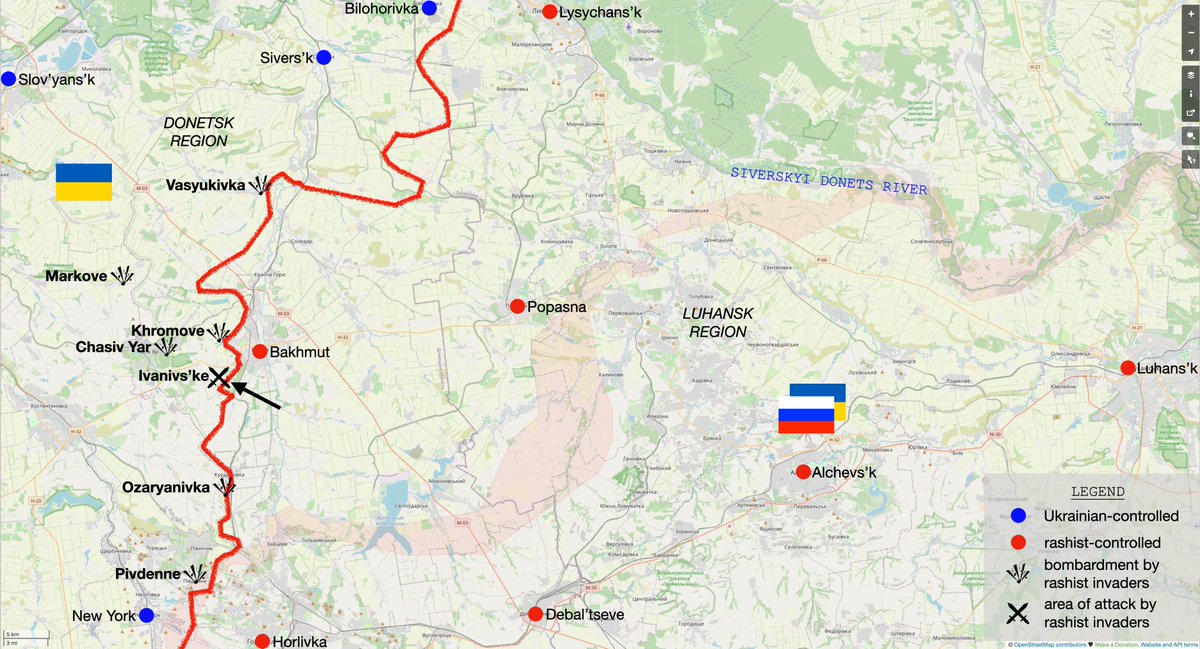 On this battlefront in Donetsk region, the rashists shelled more than 15 settlements, including Vasyukivka, Markove, Khromove, Chasiv Yar, Ivanivs'ke, Ozaryanivka and Pivdenne.

2/2