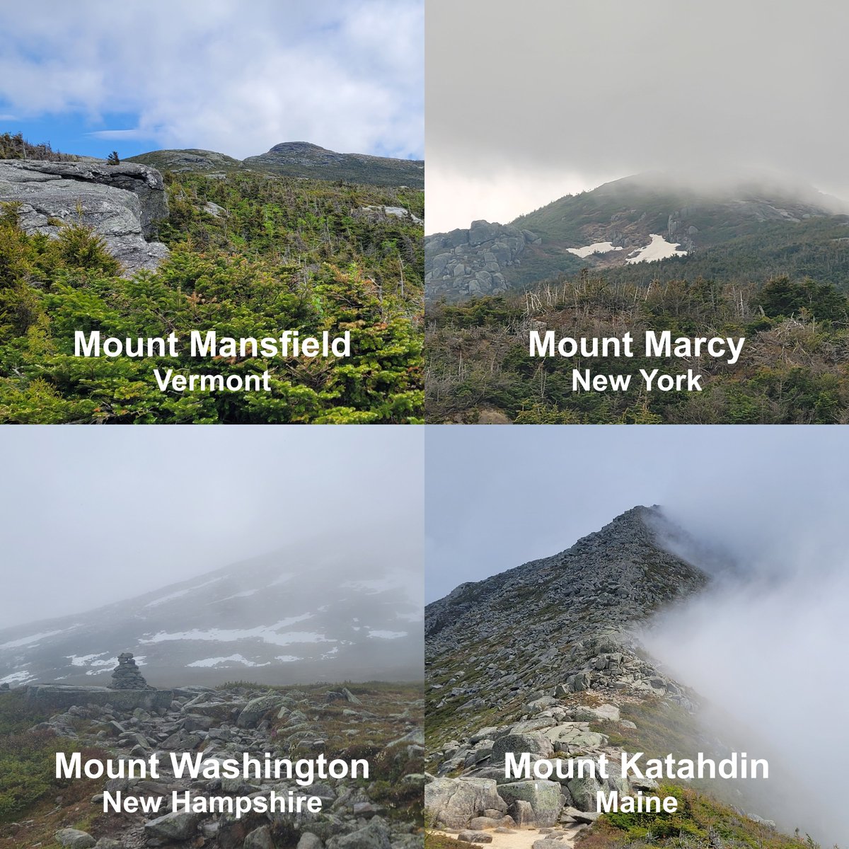 mountainmonkeyc's tweet photo. I completed the adventure to climb four more US high points, including Mount Mansfield in Vermont, Mount Marcy in New York, Mount Washington in New Hampshire, and Mount Katahdin in Maine. It included a total of 41.8 miles and a gain of 14,745 feet! #ushighpoints #MountainClimbing https://t.co/YFu9aWKMar