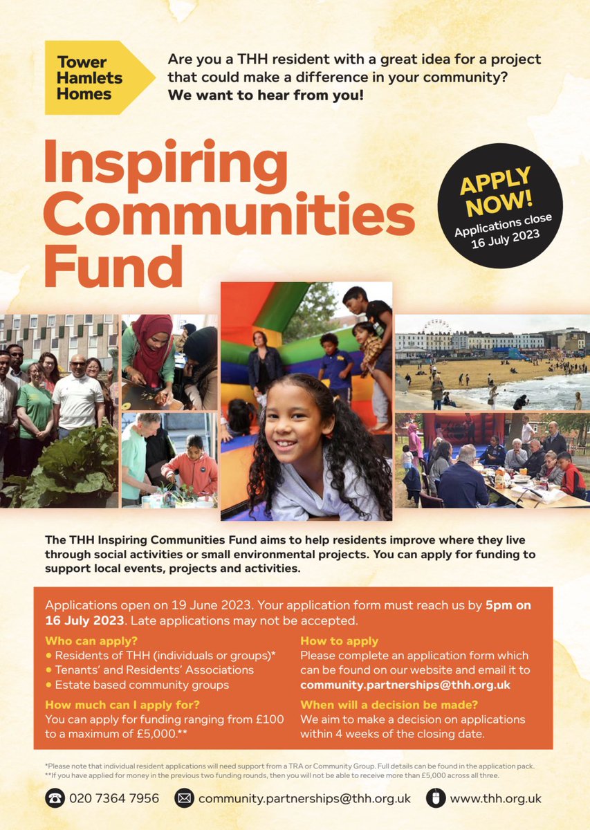 Are you a @THHomes resident or resident group with an idea to bring your community together or improve your neighbourhood? Whether it's a local event or a community project, we can help by providing grants between £100- £5000! Apply by 16th July ➡️ towerhamletshomes.org.uk/inspiring-comm…