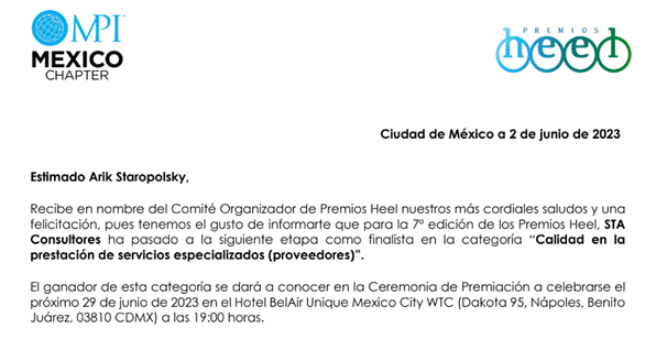 Con mucha emoción recibimos esta nominación de los Premios Heel 2023 como empresa con Calidad en la prestación de Servicios Especializados. Algo habremos hecho bien en los ya 10 años que llevamos ofreciendo consultoría e investigación en las industrias de turismo y reuniones.
