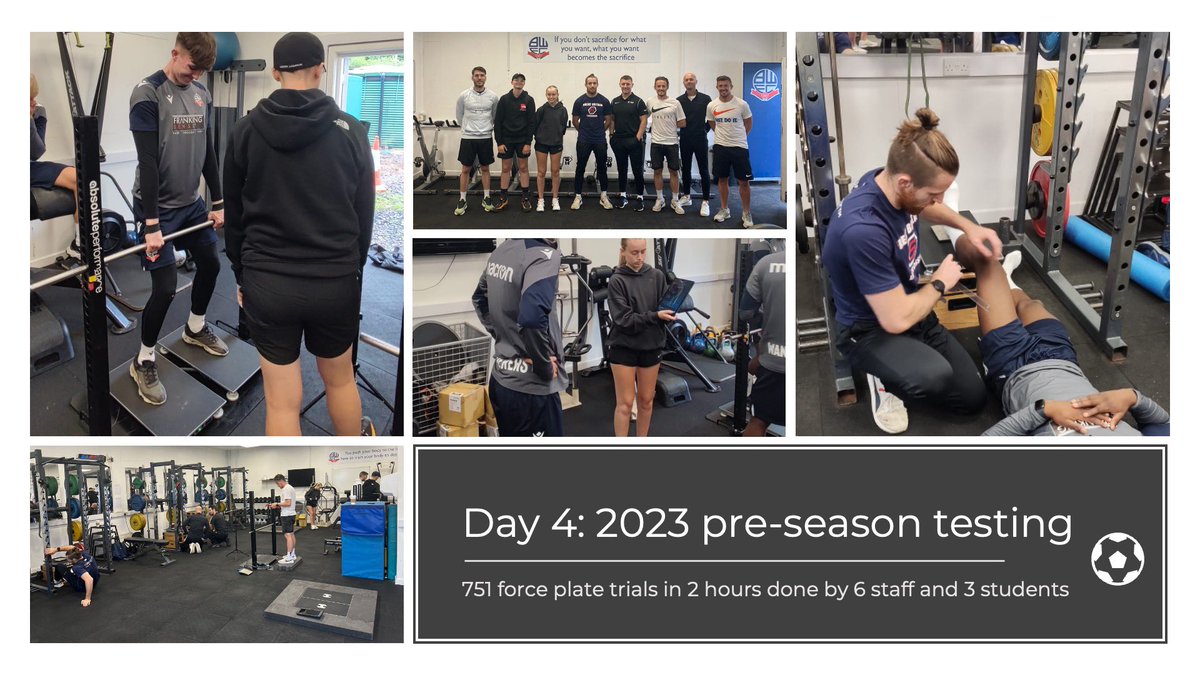 Our 4th day of conducting 2023 pre-season testing in pro ⚽️ done ✅ 

751 force plate trials competed within 2 hrs via 7 x <a href="/HawkinDynamics/">Hawkin Dynamics</a> systems &amp; 3 x <a href="/aperformanceltd/">Absolute Performance</a> rigs!

Player reports sent to coaching staff 📊

Great effort by <a href="/UoS_HealthSoc/">UoS Health & Society</a> staff &amp; our superb students 👏