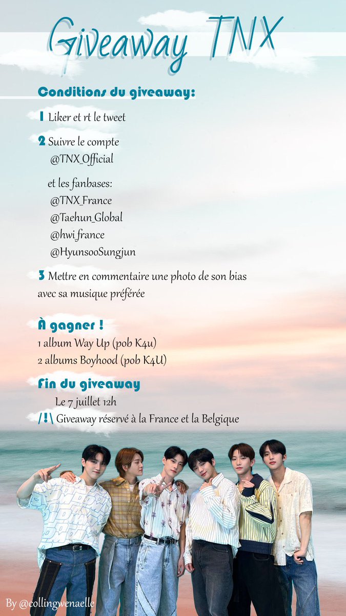 〔˚₊ · ͟͟͞͞➳❥〕GIVEAWAY 🎁

Pour fêter la fin de la promo de Kick It 4 Now, 3 lots sont à gagner🤍
- 1 album Way Up
- 2 albums Boyhood

Conditions :
• liker et RT
• suivre <a href="/TNX_Official/">TNX Official</a> et les fanbases*
• mettre une photo de votre bias et votre musique préférée

Fin : 07/07