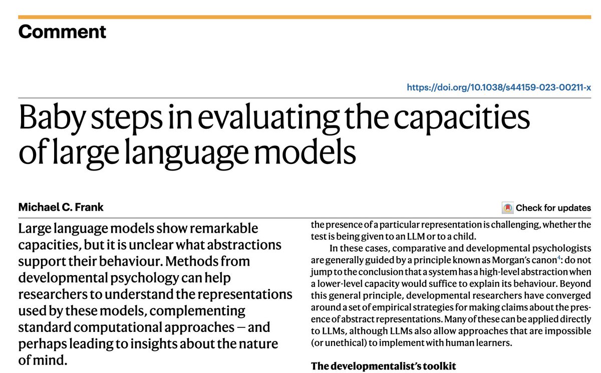 How do we use methods from developmental psychology to assess AI models? My comment, "'Baby steps' in evaluating the capacities of large language models" is now out in Nature Reviews Psychology: nature.com/articles/s4415…