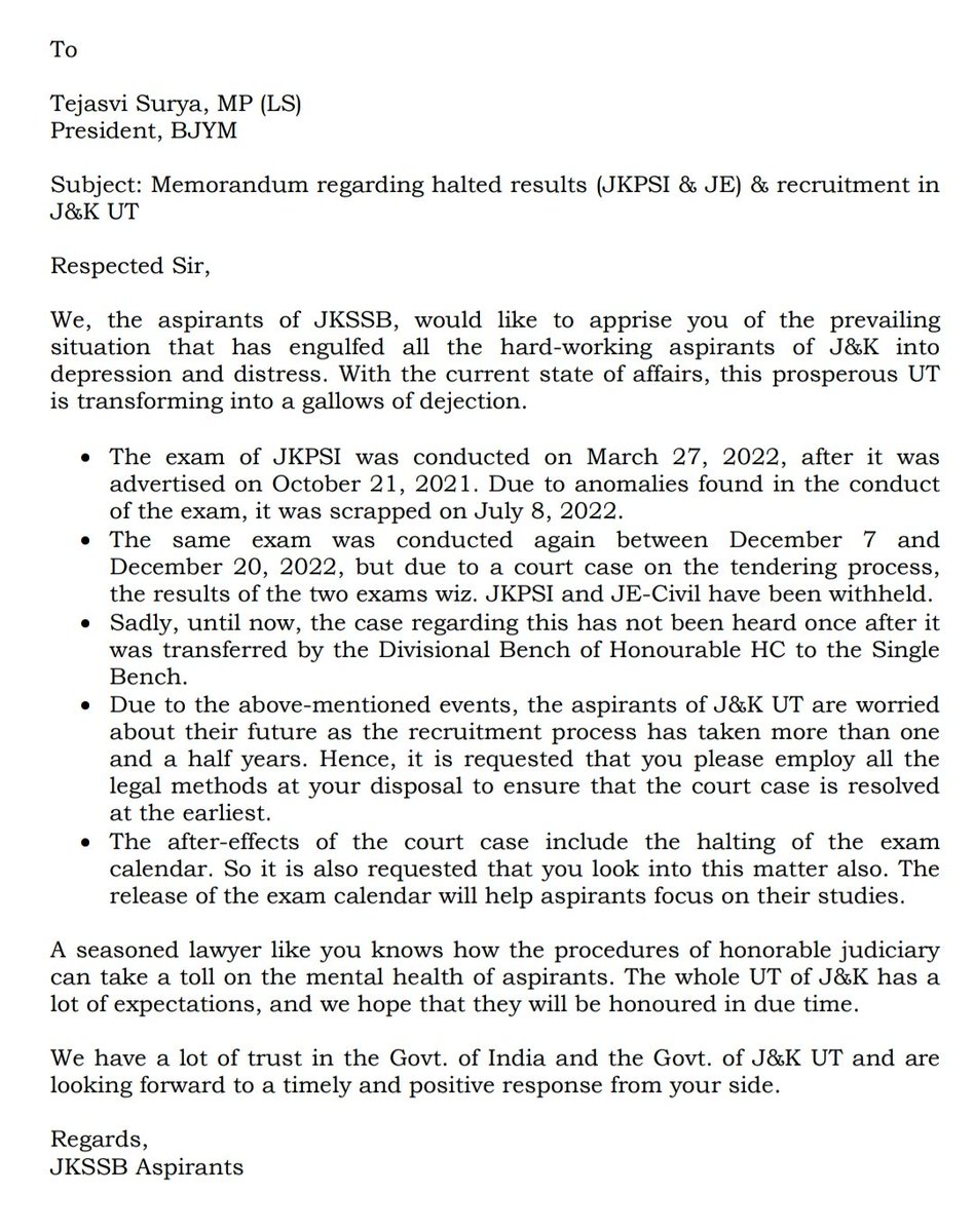 JKPSI2024's tweet photo. @Tejasvi_Surya @manojsinha_ @IArunPrabhat @MrAmanDeep We hope sir (@Tejasvi_Surya )that you successful pass our grievances/Sufferings &amp; discussed the same with  hon'able LG of J&amp;K UT Shri @manojsinha_ sir,As JKSSB Aspirants are suffering due to Withheld of JKPSI,JE Results,Stucked Exam Calendar &amp; related Court case. 
 @BJYM @BJYM4JK https://t.co/pcvuO49ASf