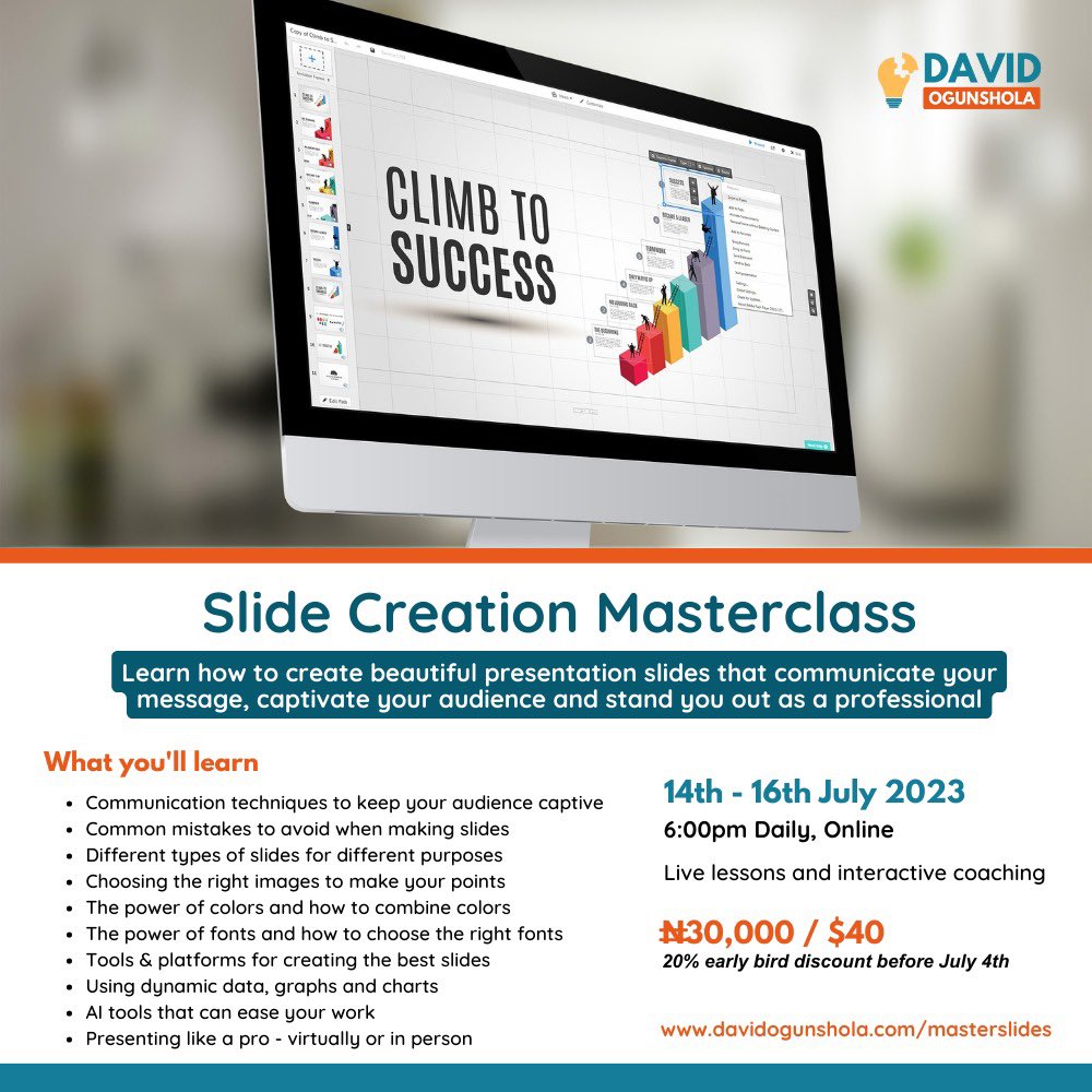 Learn how to create beautiful presentation slides that communicate your message, captivate your audience and stand you out as a professional.

Three days virtual masterclass for anyone who makes presentations.

paystack.com/pay/masterslid…